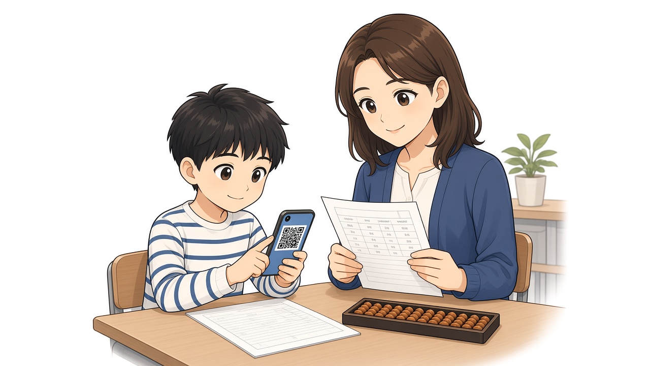 プリントのQRを読んで答え合わせをしている教室の様子