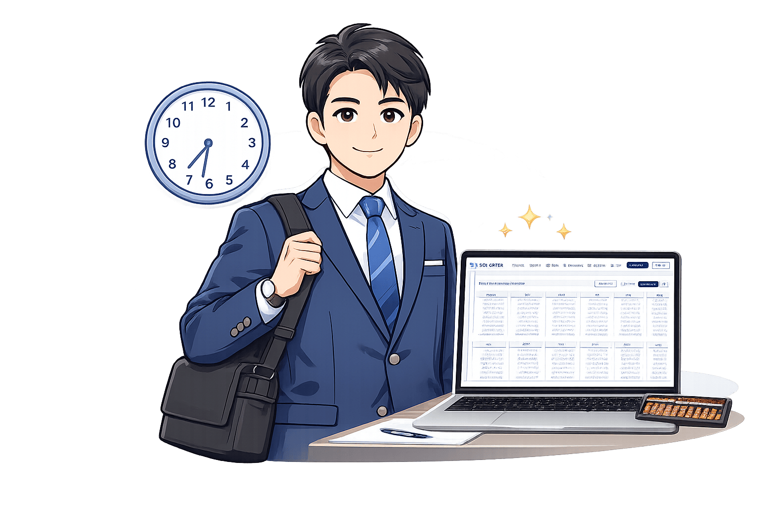 仕事の合間にノートPCとそろばんで練習する社会人のイラスト