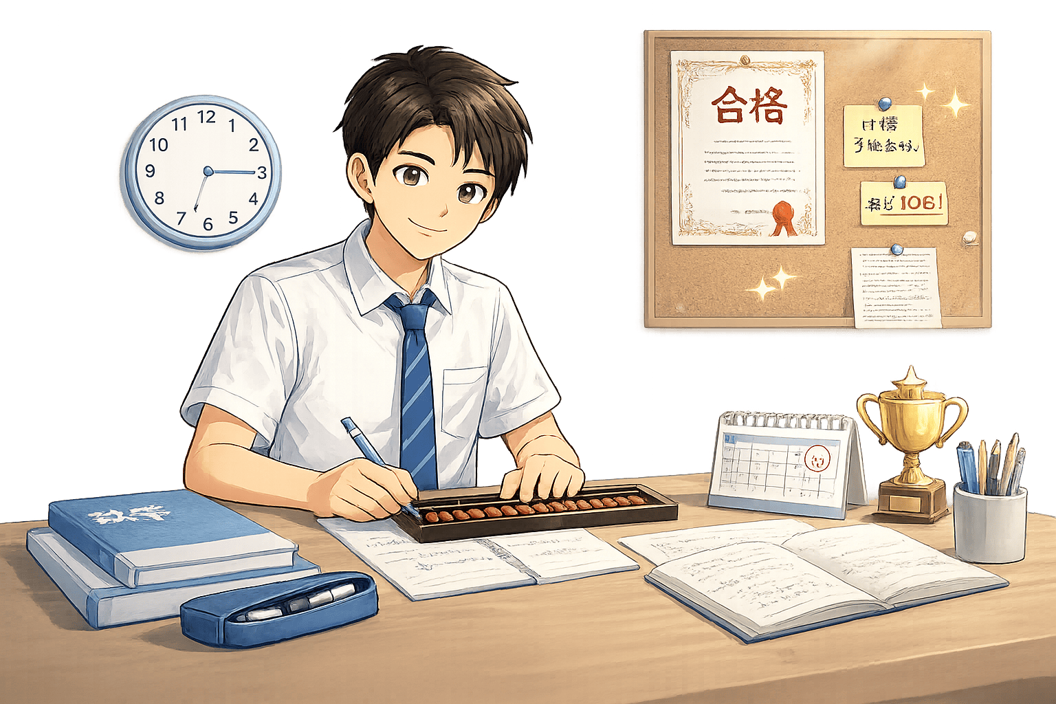 検定合格を目指して勉強する学生のイラスト